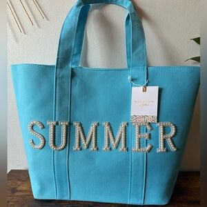 Blue Summer Tote Bag, Shiny Patch Letters Pearl Like Details Large Capacity NWT